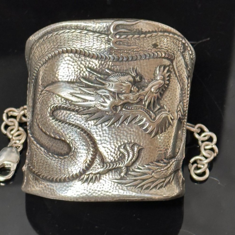 Mens Antique Chinese Dragon Sterling Silver Cuff Asian Export Wide Bracelet XL